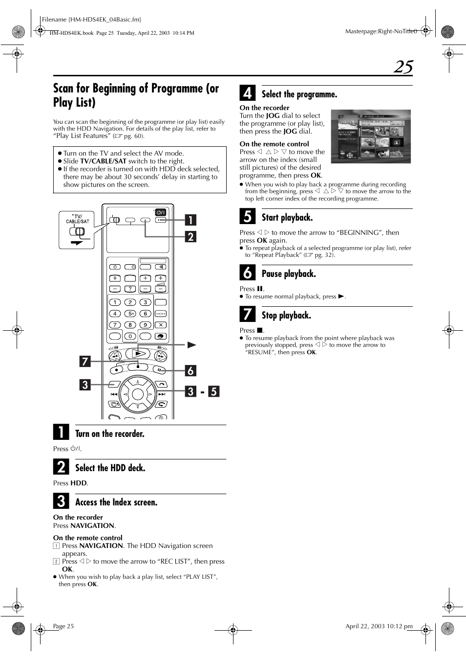 Scan for beginning of programme (or play list) | JVC HM-HDS4EK User Manual | Page 25 / 104