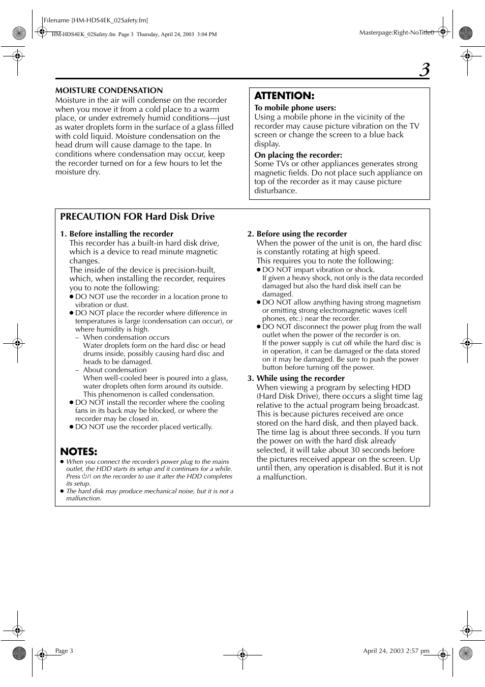 Attention, Precaution for hard disk drive | JVC HM-HDS4EK User Manual | Page 3 / 104