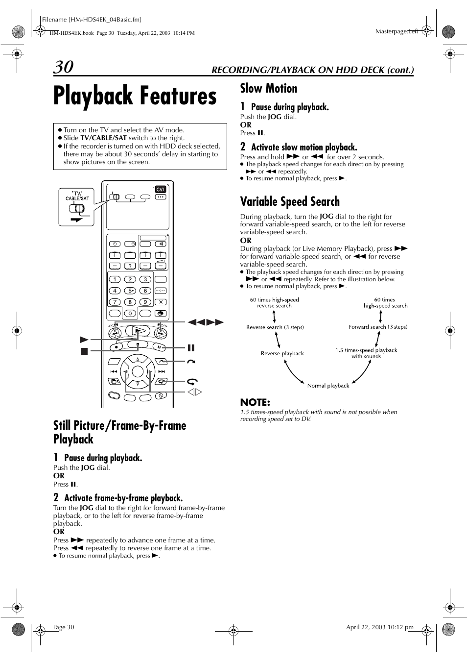 Playback features, Still picture/frame-by-frame playback, Slow motion | Variable speed search | JVC HM-HDS4EK User Manual | Page 30 / 104