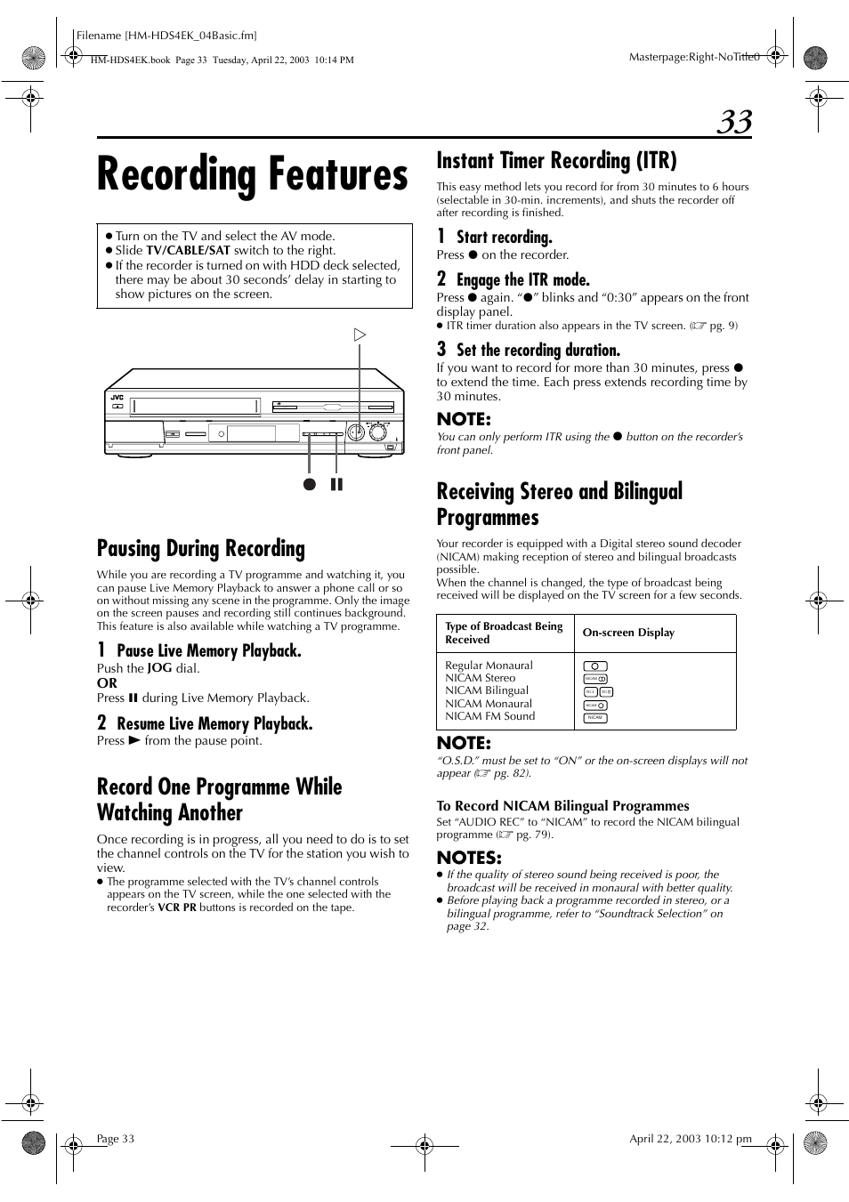Recording features, Pausing during recording, Record one programme while watching another | Instant timer recording (itr), Receiving stereo and bilingual programmes, Start recording, Engage the itr mode, Set the recording duration | JVC HM-HDS4EK User Manual | Page 33 / 104