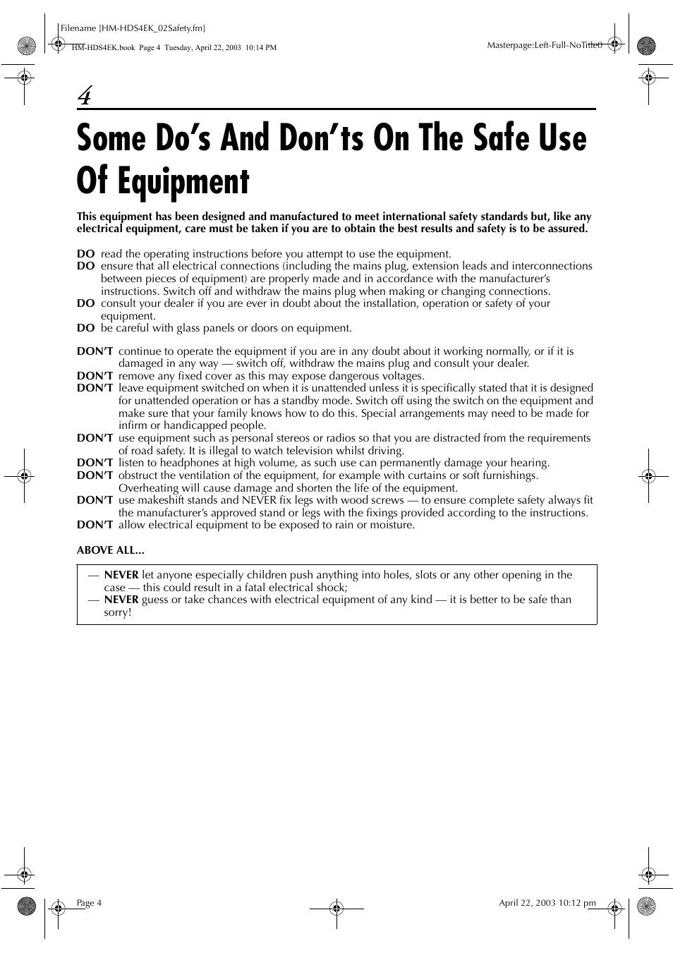 Some do’s and don’ts on the safe use of equipment | JVC HM-HDS4EK User Manual | Page 4 / 104
