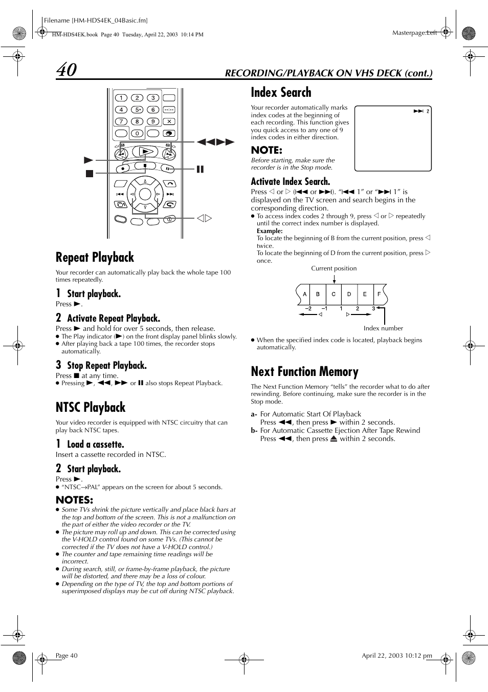 Repeat playback, Ntsc playback, Index search | Recording/playback on vhs deck (cont.), Start playback, Activate repeat playback, Stop repeat playback, Load a cassette, Activate index search | JVC HM-HDS4EK User Manual | Page 40 / 104