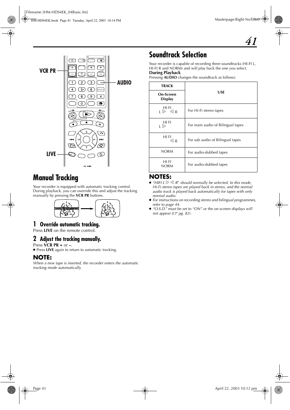 Manual tracking, Soundtrack selection, Override automatic tracking | Adjust the tracking manually | JVC HM-HDS4EK User Manual | Page 41 / 104