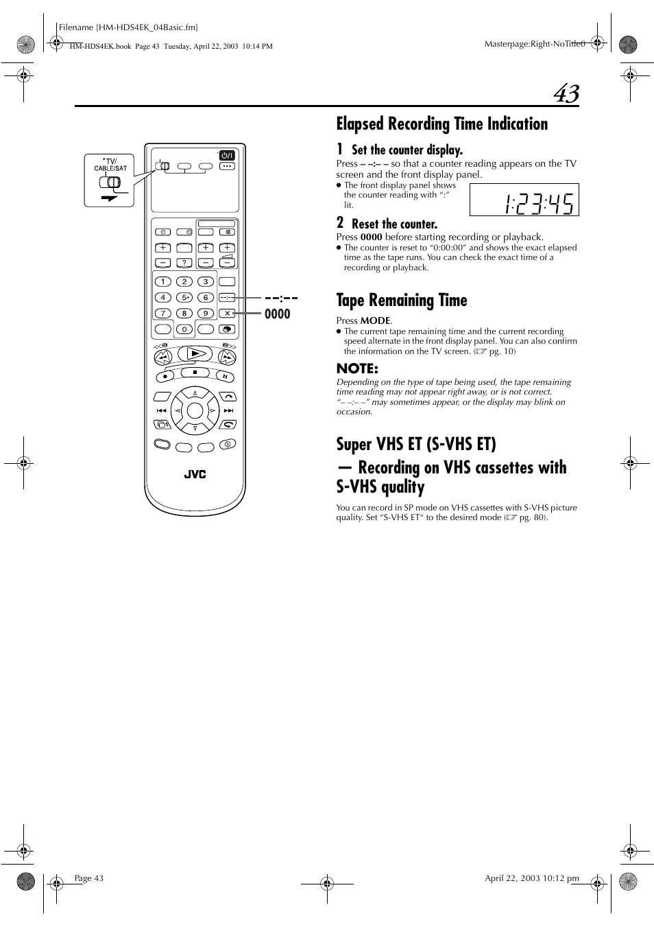 Elapsed recording time indication, Tape remaining time | JVC HM-HDS4EK User Manual | Page 43 / 104