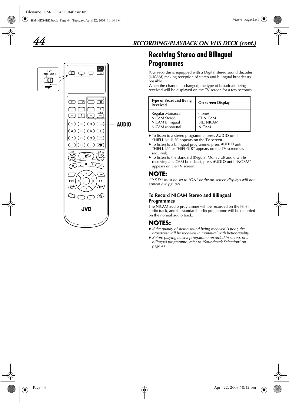 Receiving stereo and bilingual programmes, Recording/playback on vhs deck (cont.) | JVC HM-HDS4EK User Manual | Page 44 / 104