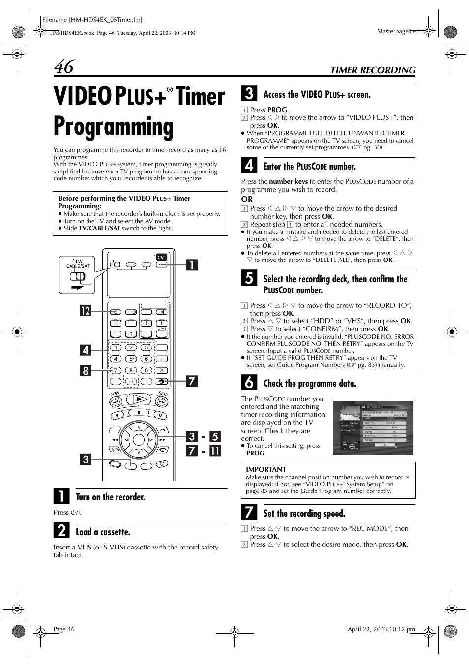 Video p, Timer programming | JVC HM-HDS4EK User Manual | Page 46 / 104