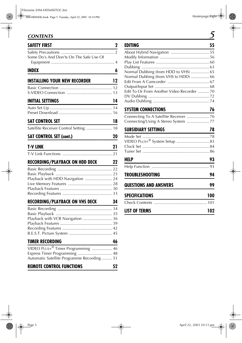 JVC HM-HDS4EK User Manual | Page 5 / 104