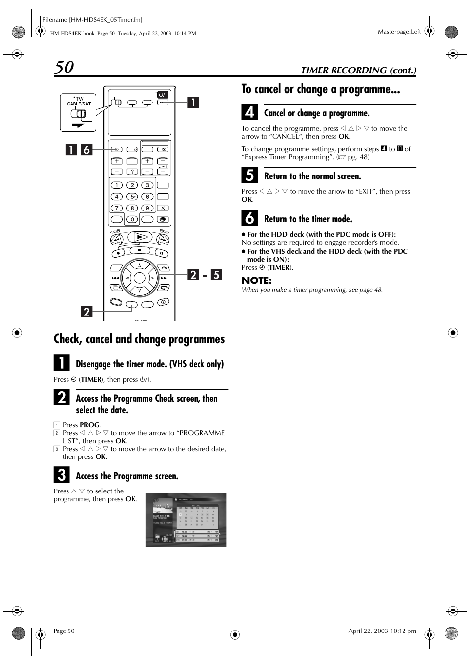 Check, cancel and change programmes | JVC HM-HDS4EK User Manual | Page 50 / 104