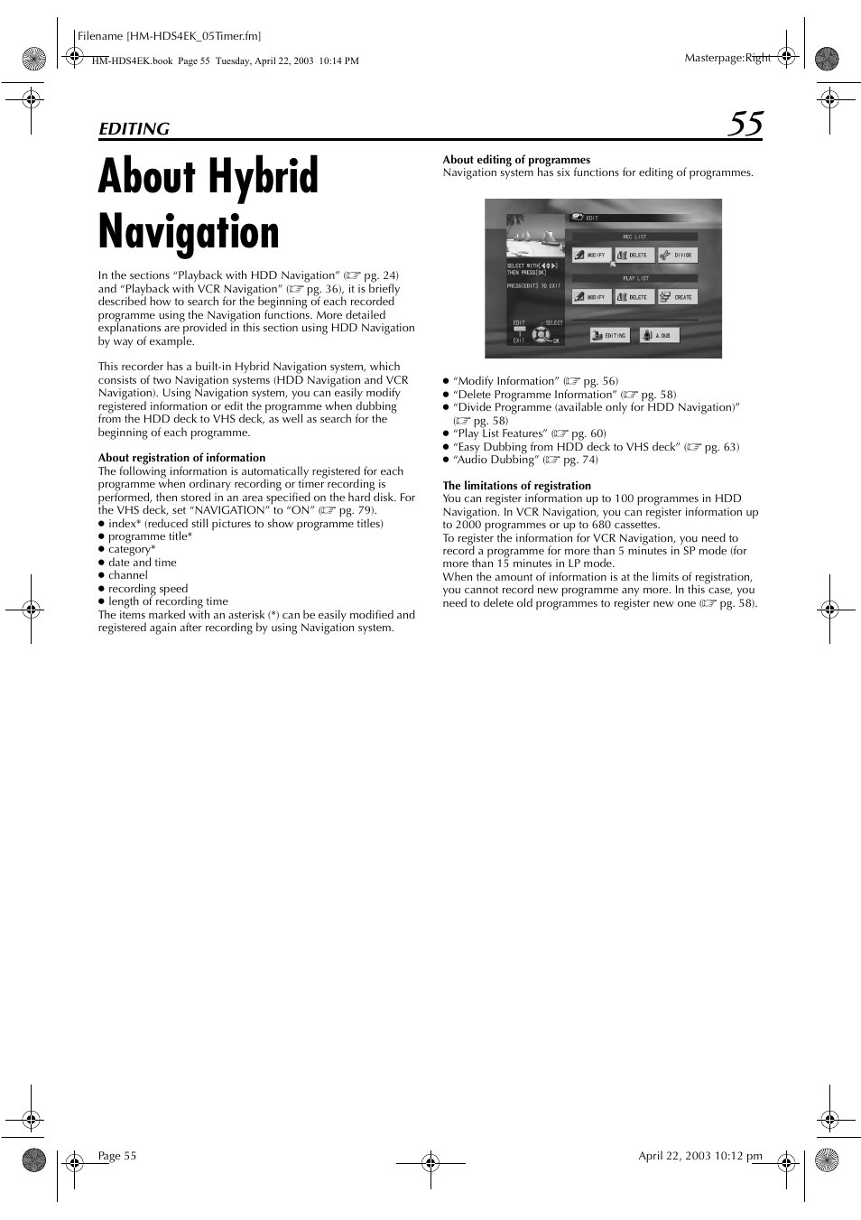 About hybrid navigation, Editing | JVC HM-HDS4EK User Manual | Page 55 / 104