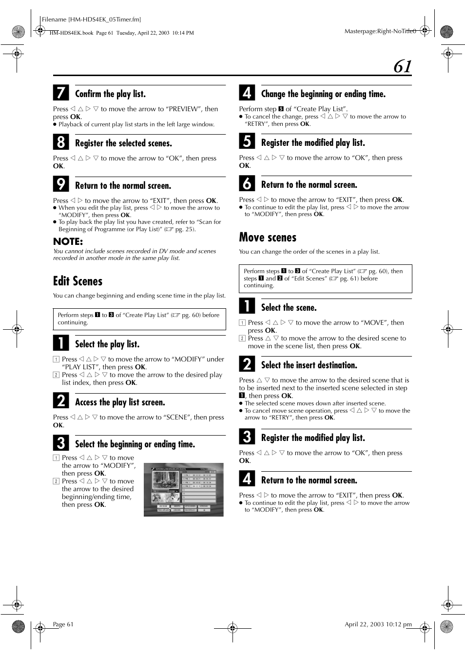 Edit scenes, Move scenes, Confirm the play list | Register the selected scenes, Return to the normal screen, Select the play list, Access the play list screen, Select the beginning or ending time, Change the beginning or ending time, Register the modified play list | JVC HM-HDS4EK User Manual | Page 61 / 104