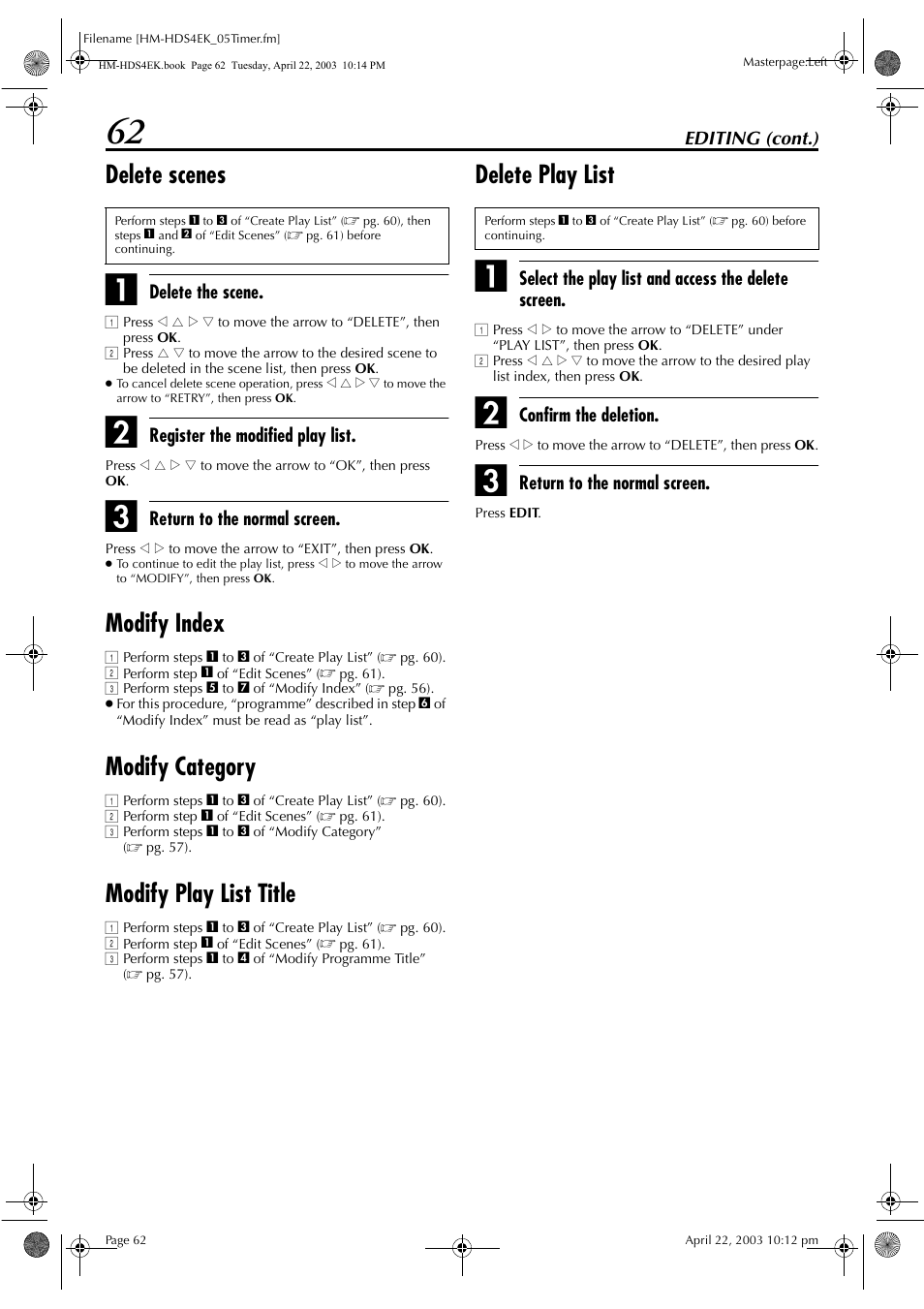 Delete scenes, Modify index, Modify category | Modify play list title, Delete play list, Editing (cont.), Delete the scene, Register the modified play list, Return to the normal screen, Select the play list and access the delete screen | JVC HM-HDS4EK User Manual | Page 62 / 104
