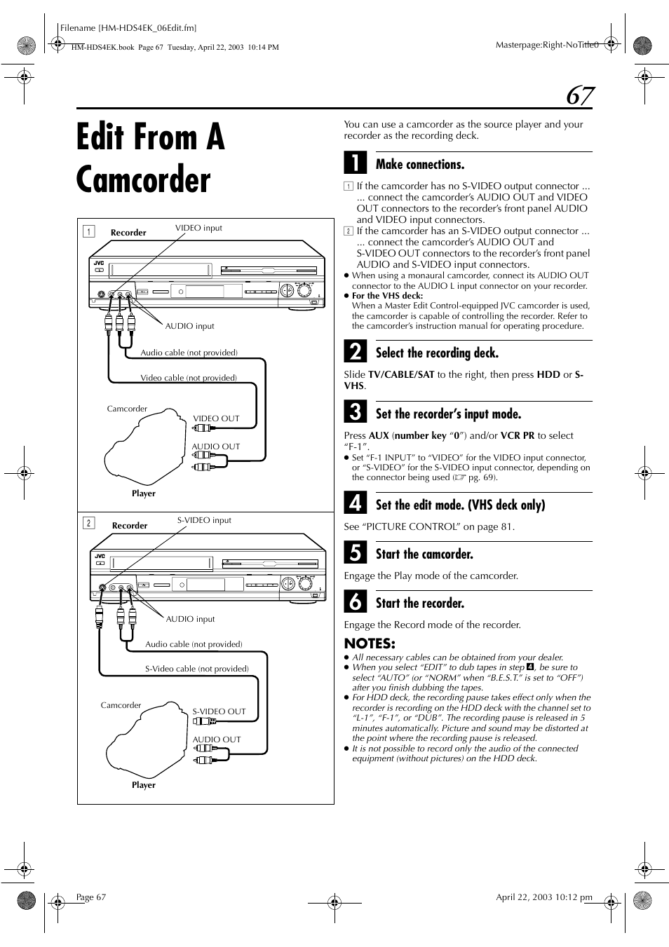 Edit from a camcorder | JVC HM-HDS4EK User Manual | Page 67 / 104