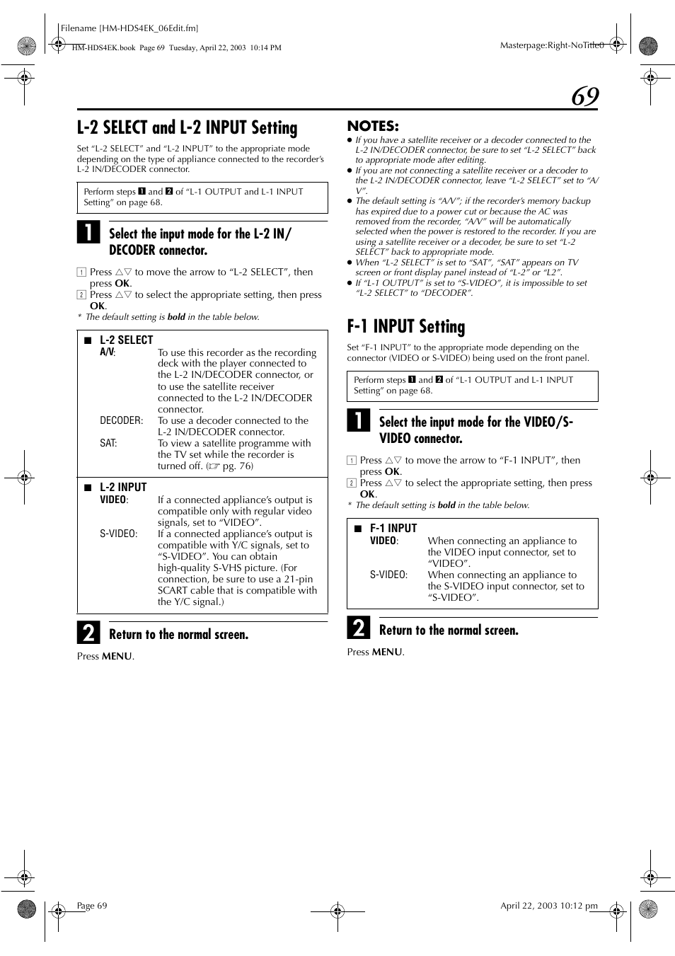 L-2 select and l-2 input setting, F-1 input setting, Return to the normal screen | JVC HM-HDS4EK User Manual | Page 69 / 104