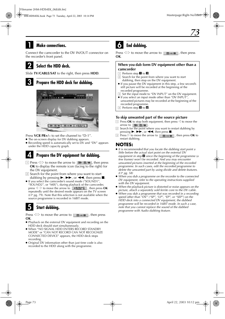 Make connections, Select the hdd deck, Prepare the hdd deck for dubbing | Prepare the dv equipment for dubbing, Start dubbing, End dubbing | JVC HM-HDS4EK User Manual | Page 73 / 104