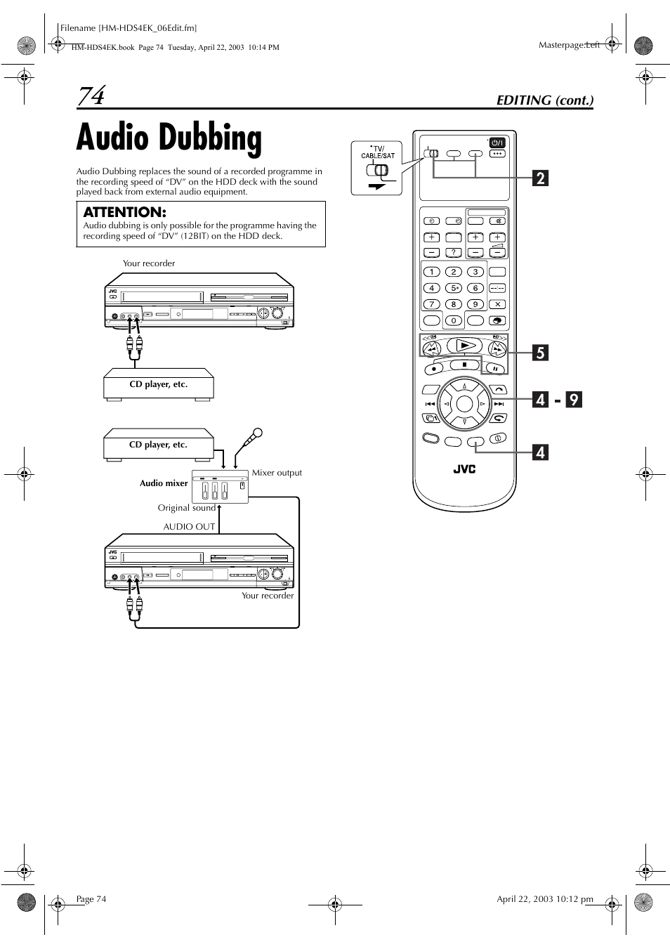 Audio dubbing | JVC HM-HDS4EK User Manual | Page 74 / 104