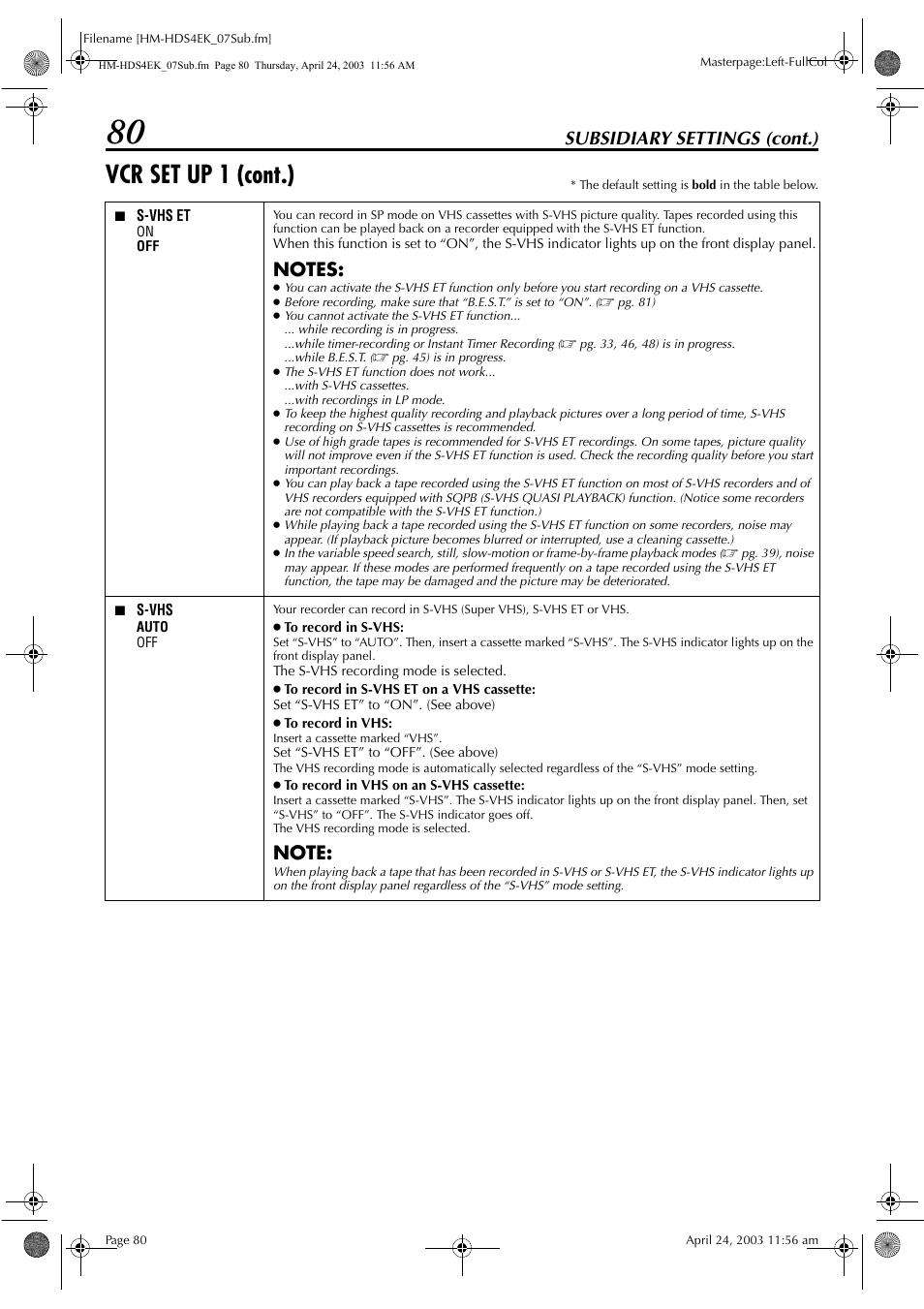 Vcr set up 1 (cont.), Subsidiary settings (cont.) | JVC HM-HDS4EK User Manual | Page 80 / 104