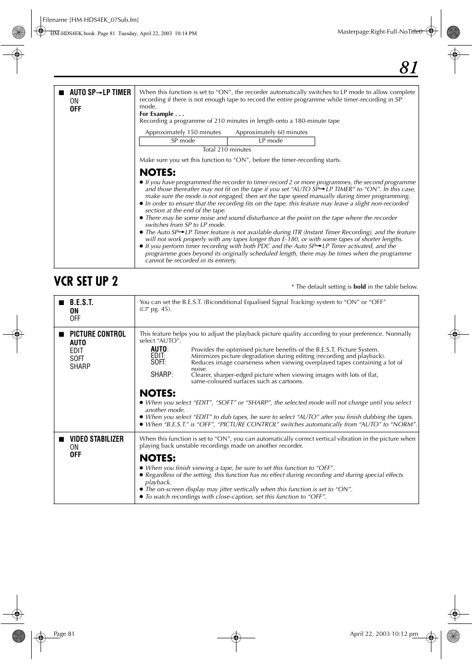 Vcr set up 2 | JVC HM-HDS4EK User Manual | Page 81 / 104