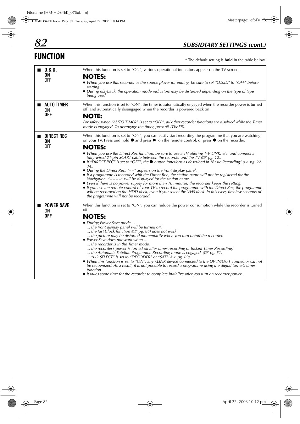 Function, Subsidiary settings (cont.) | JVC HM-HDS4EK User Manual | Page 82 / 104