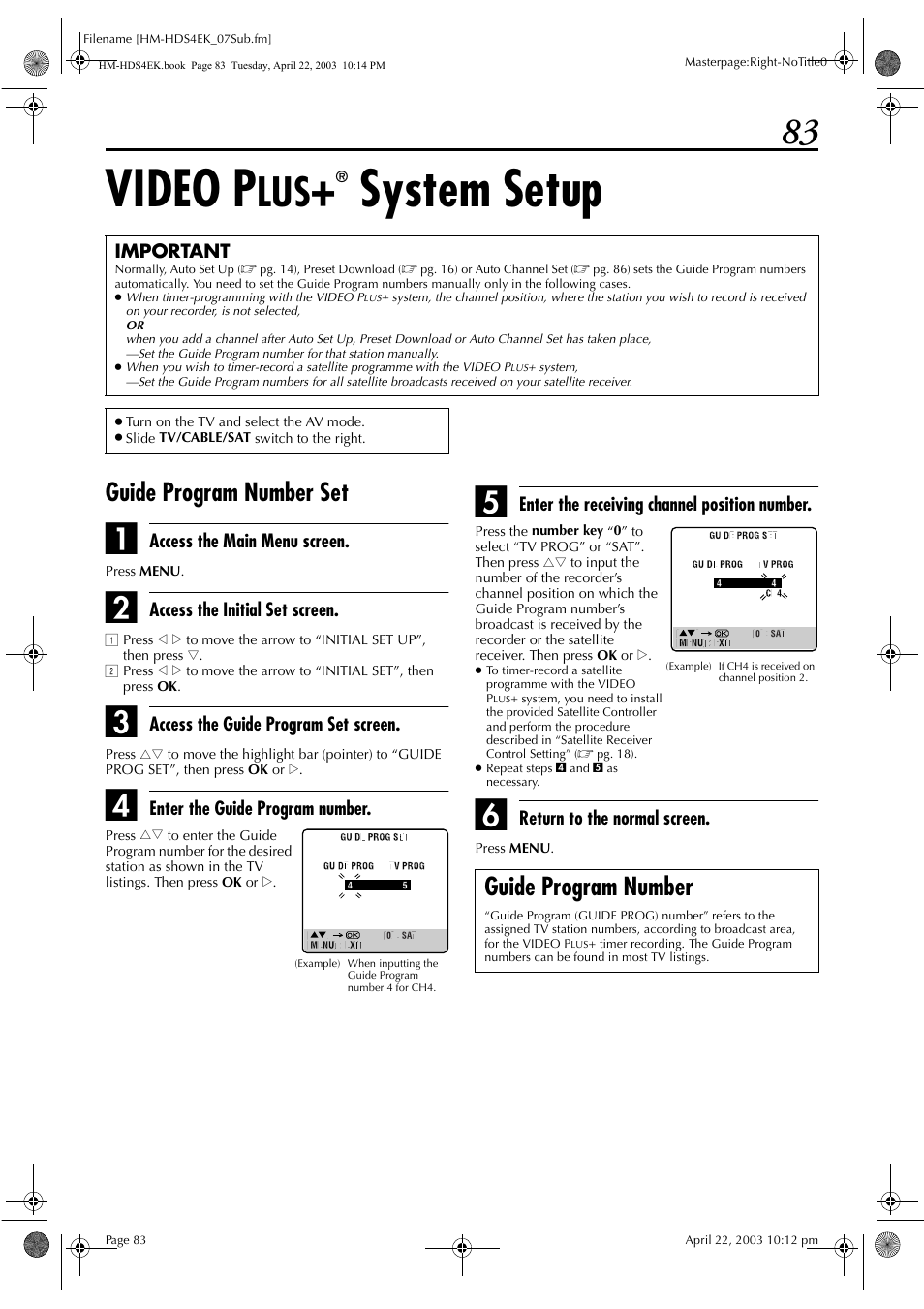 Video p, System setup, Guide program number set | Guide program number | JVC HM-HDS4EK User Manual | Page 83 / 104