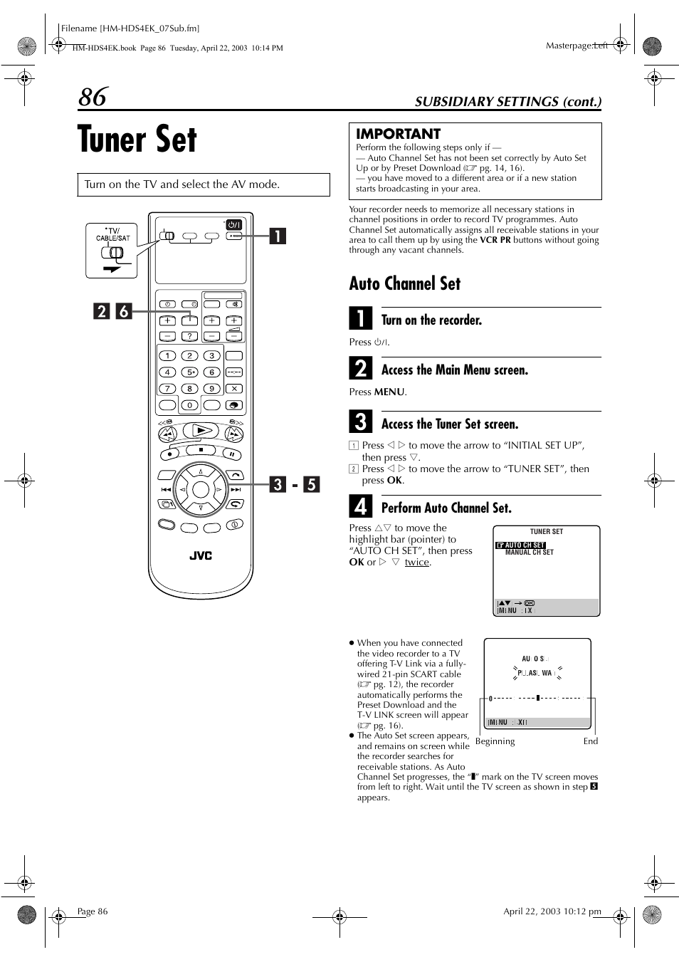 Tuner set, Auto channel set | JVC HM-HDS4EK User Manual | Page 86 / 104