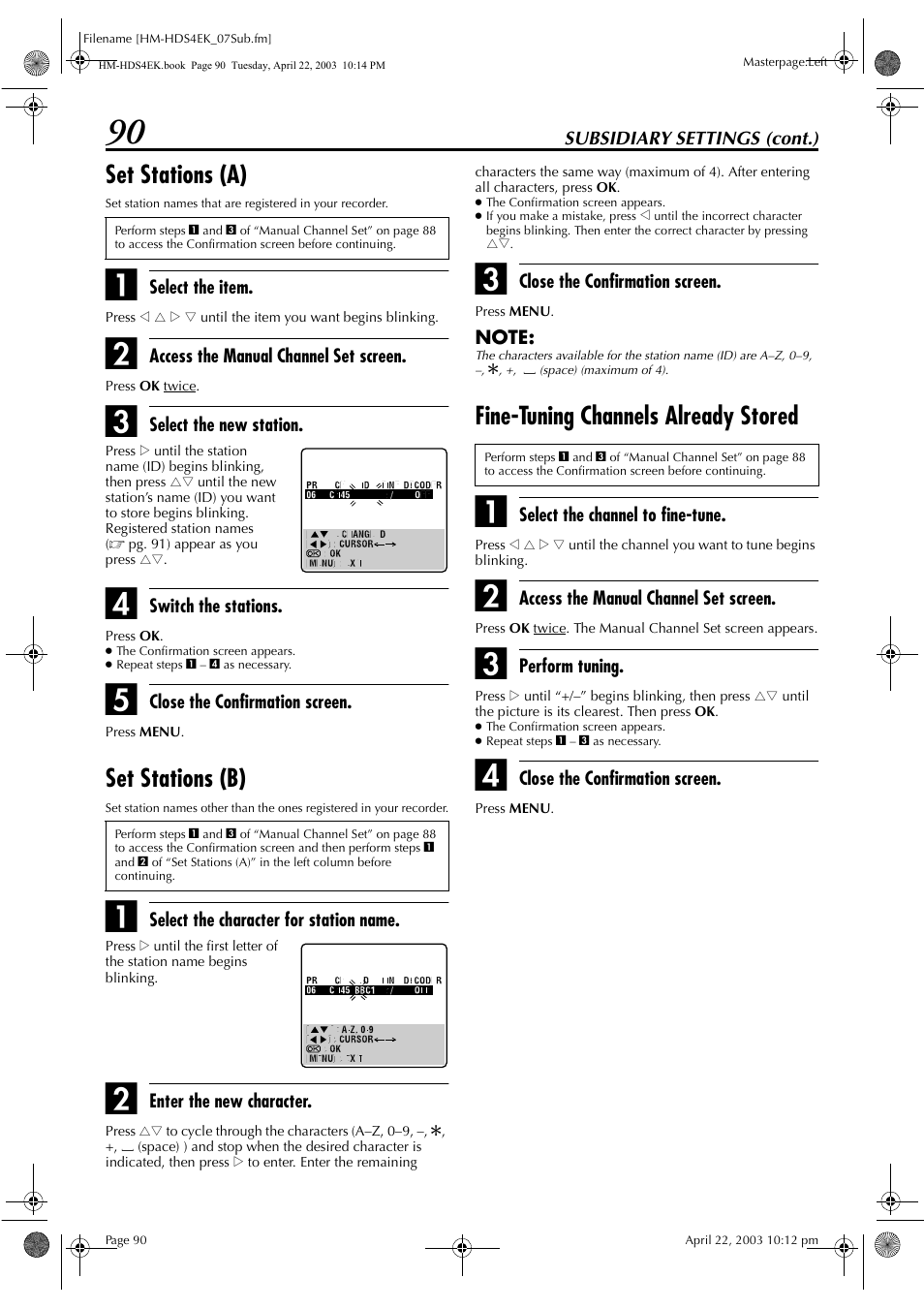 Set stations (a), Set stations (b), Fine-tuning channels already stored | JVC HM-HDS4EK User Manual | Page 90 / 104