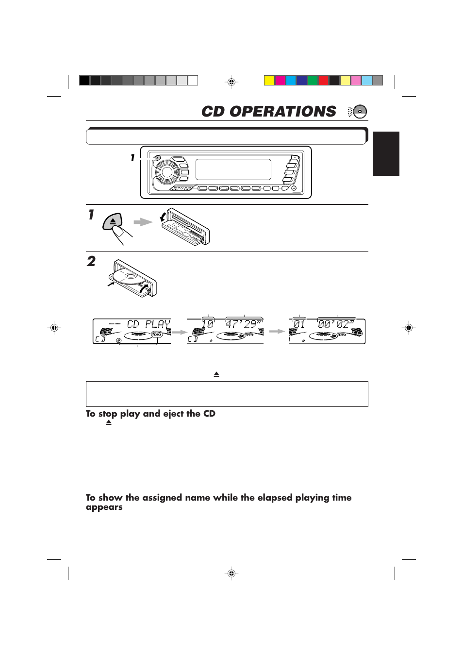 Cd operations, Playing a cd, Insert a cd into the loading slot | JVC KD-MX2900R User Manual | Page 19 / 58