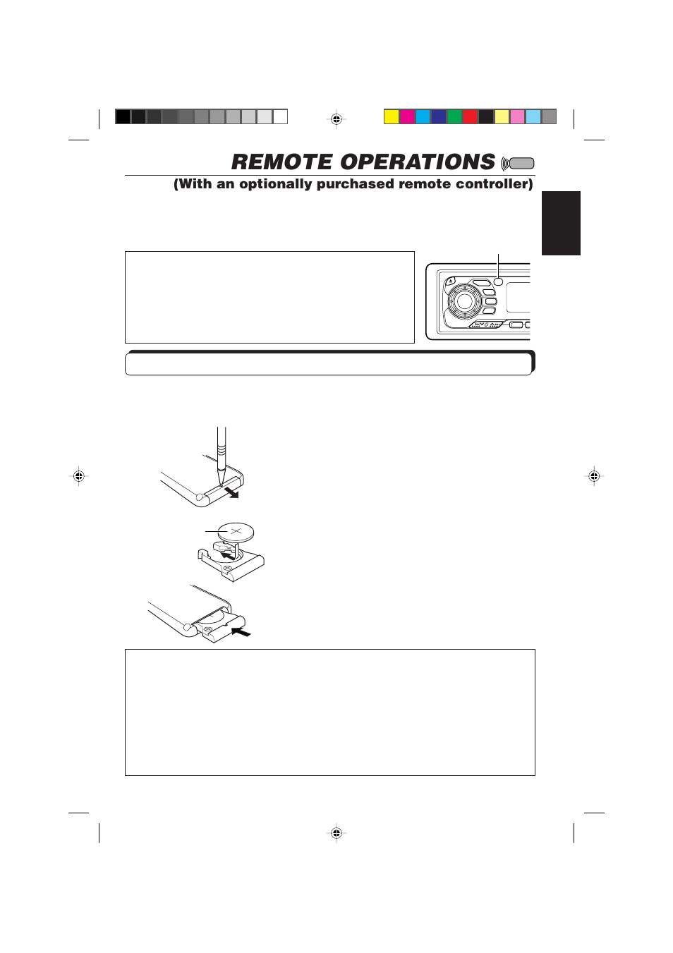 Remote operations, Installing the battery, With an optionally purchased remote controller) | JVC KD-MX2900R User Manual | Page 43 / 58