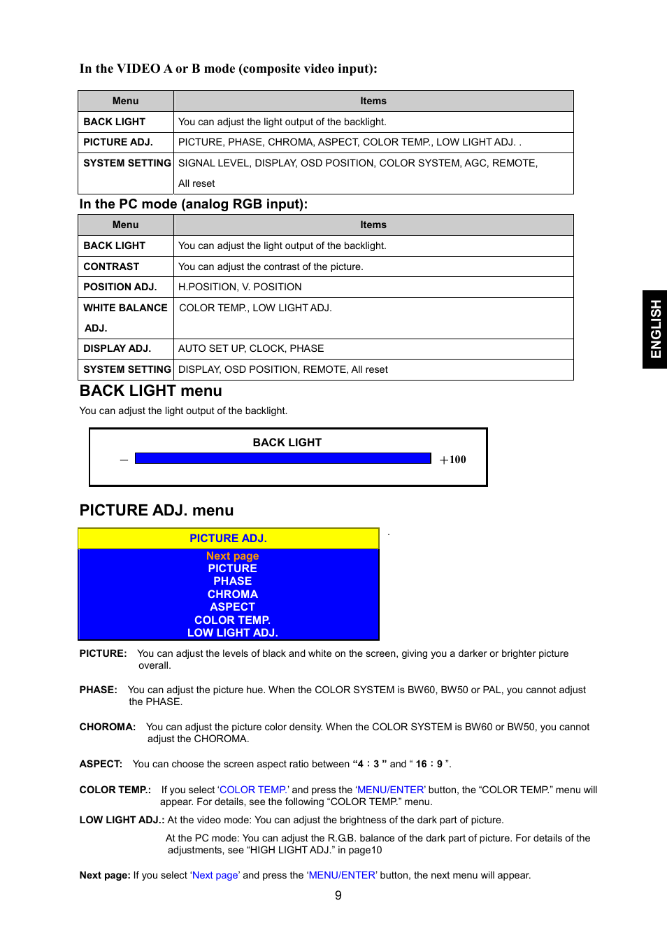 Back light menu, Picture adj. menu, English | JVC LM-17G User Manual | Page 10 / 22