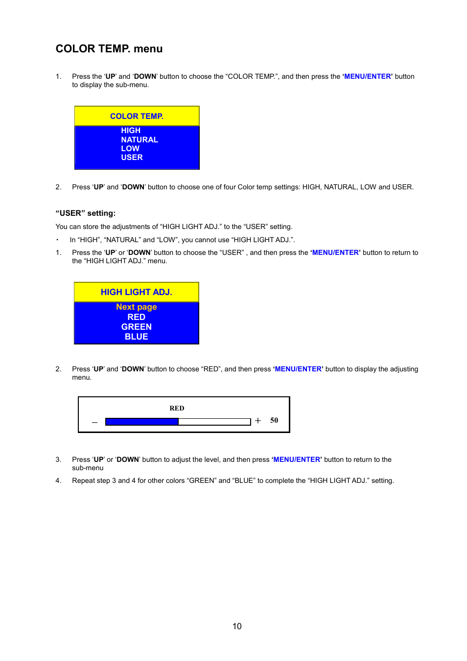 Color temp. menu | JVC LM-17G User Manual | Page 11 / 22