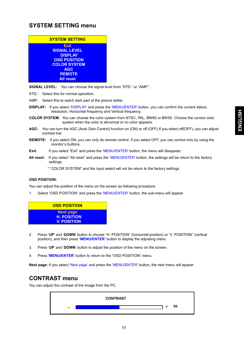 System setting menu, Contrast menu, English | JVC LM-17G User Manual | Page 12 / 22