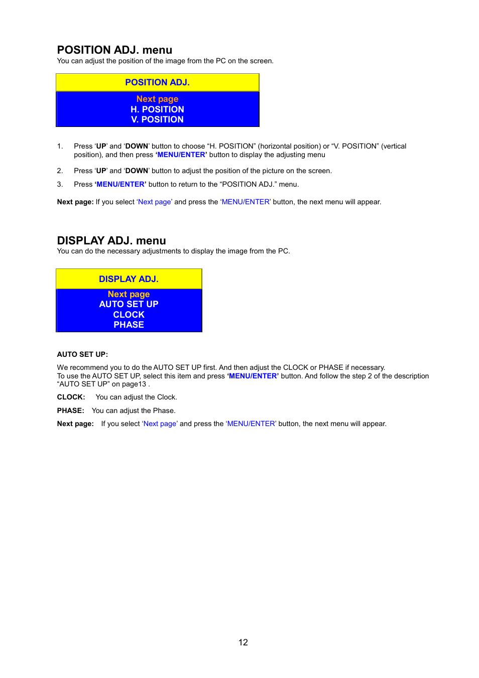 Position adj. menu, Display adj. menu | JVC LM-17G User Manual | Page 13 / 22