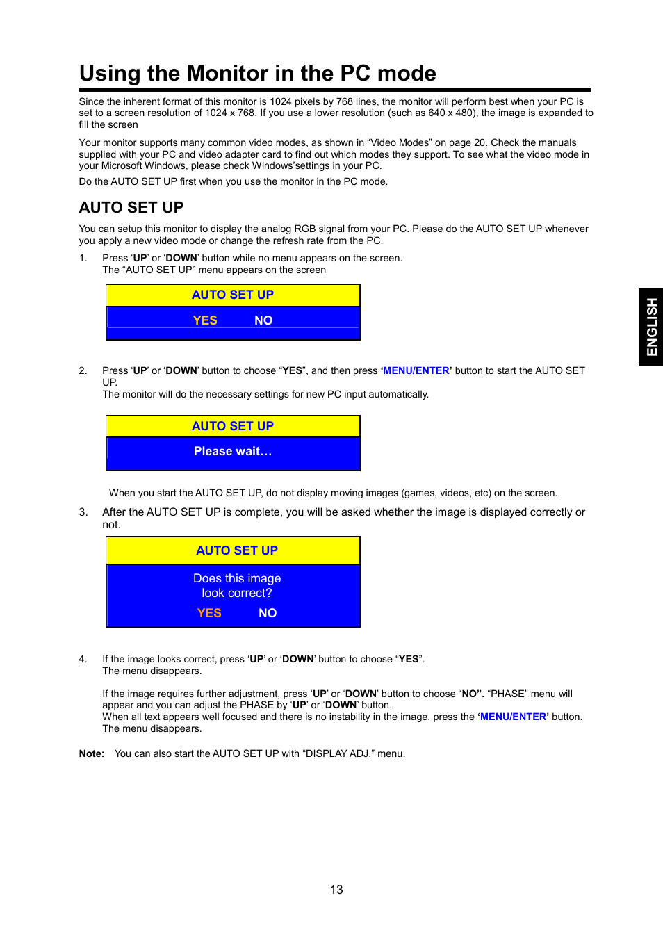 Using the monitor in the pc mode, Auto set up | JVC LM-17G User Manual | Page 14 / 22