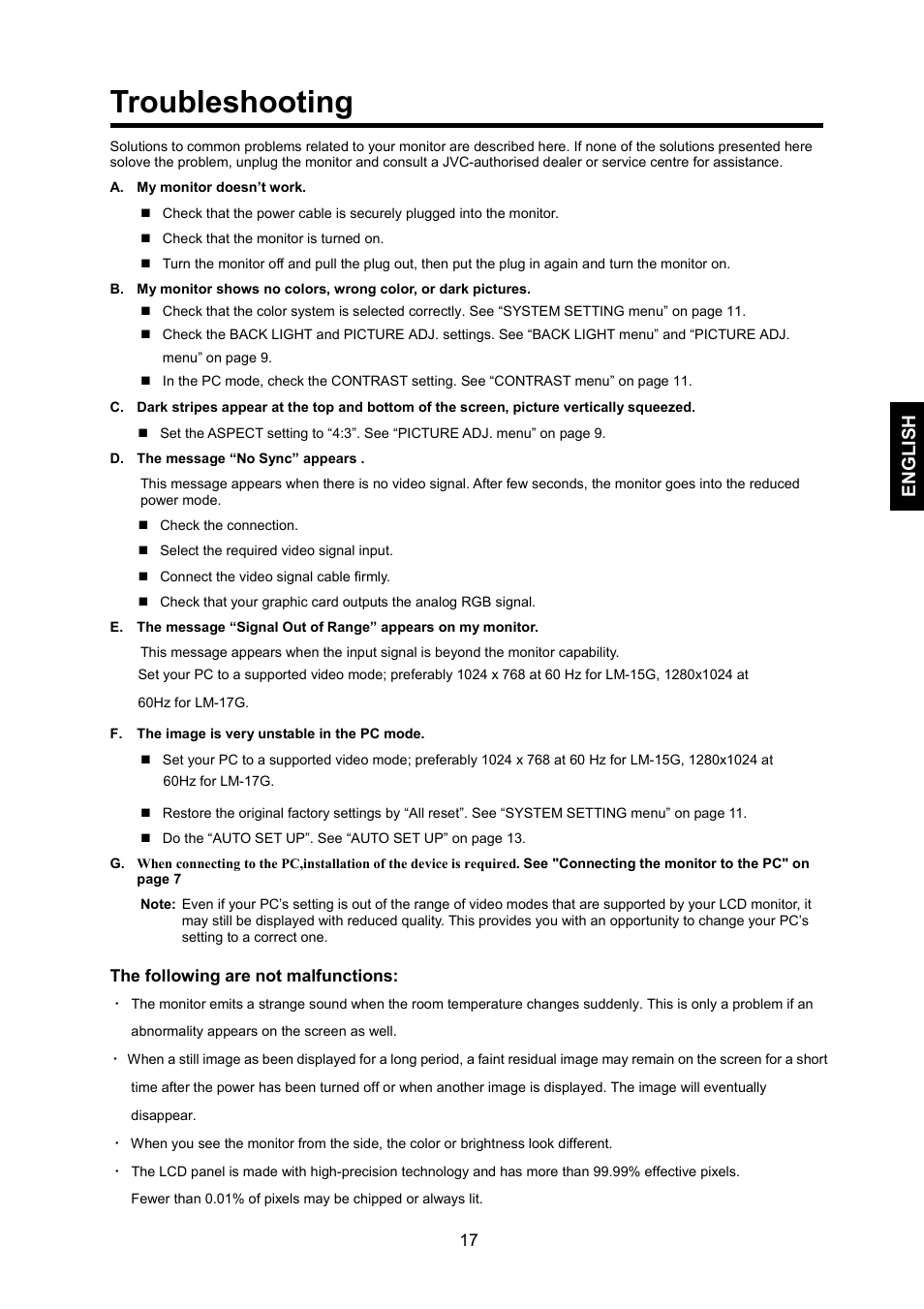 Troubleshooting, English | JVC LM-17G User Manual | Page 18 / 22