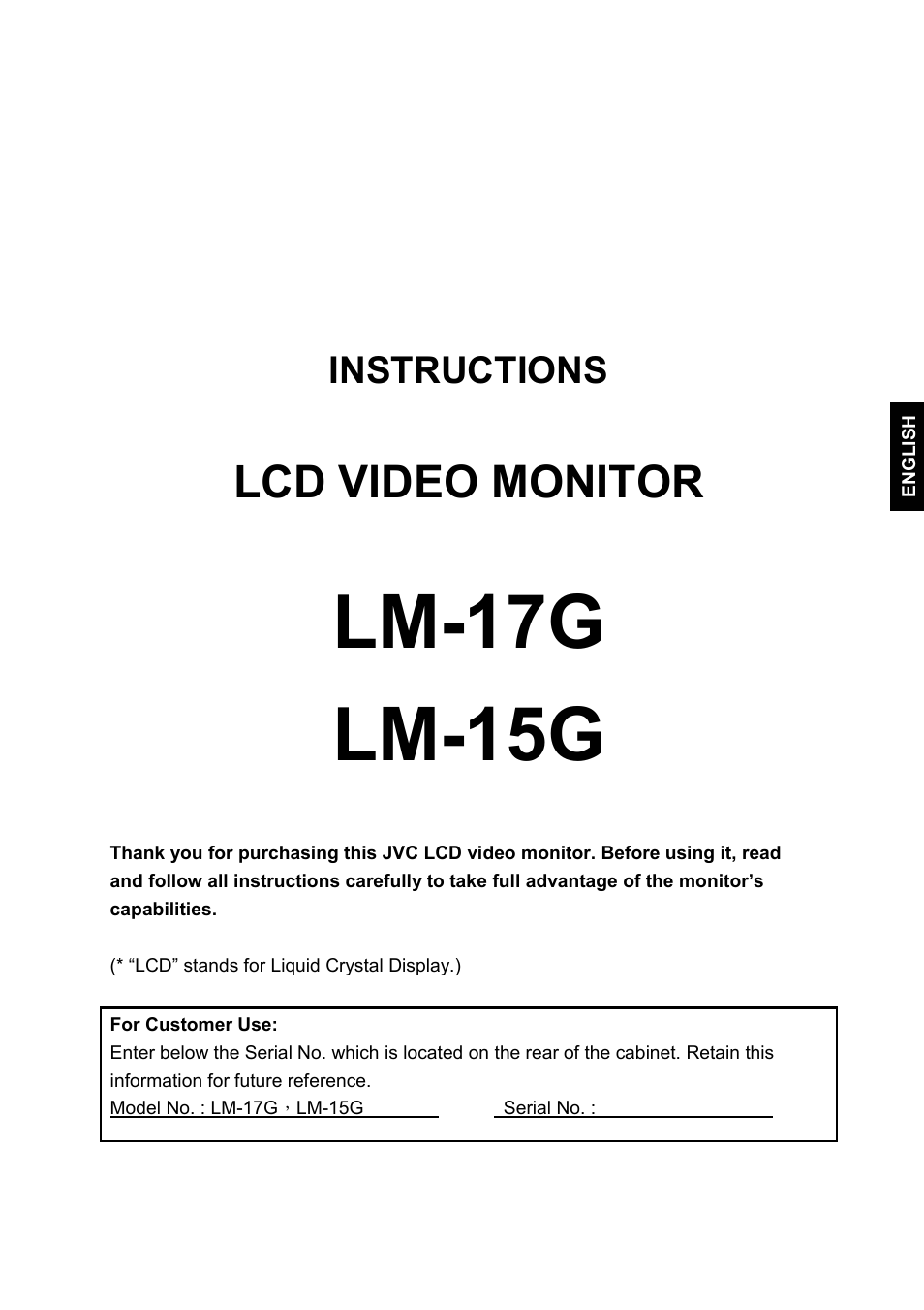 Lm-17g lm-15g, Lcd video monitor, Instructions | JVC LM-17G User Manual | Page 2 / 22