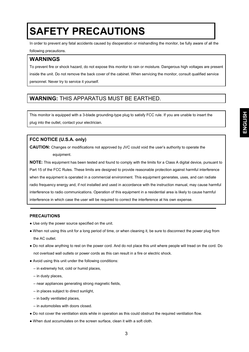 Safety precautions, Warnings, Warning: this apparatus must be earthed | English | JVC LM-17G User Manual | Page 4 / 22