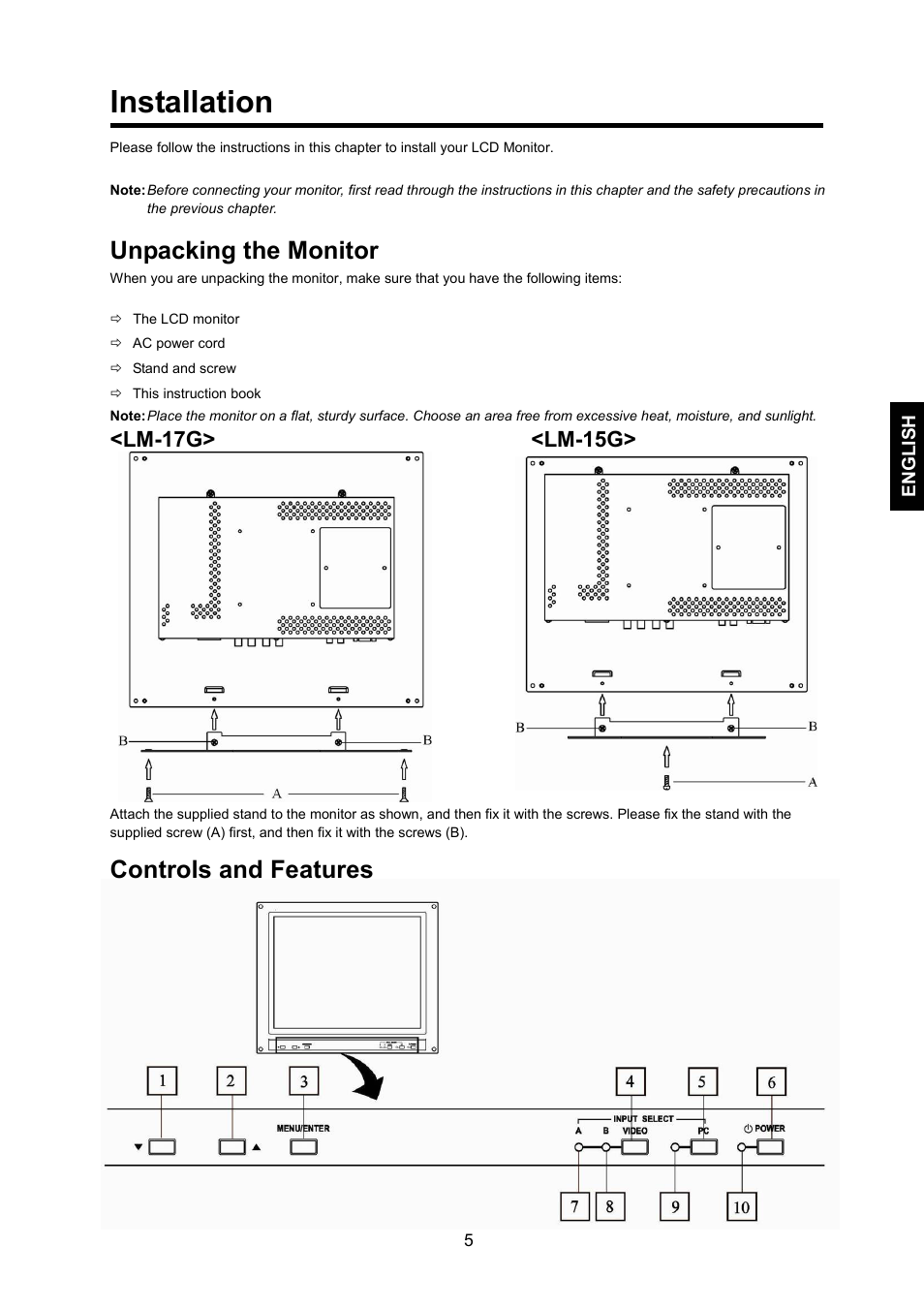 Installation, Unpacking the monitor, Controls and features | Lm-17g> <lm-15g | JVC LM-17G User Manual | Page 6 / 22