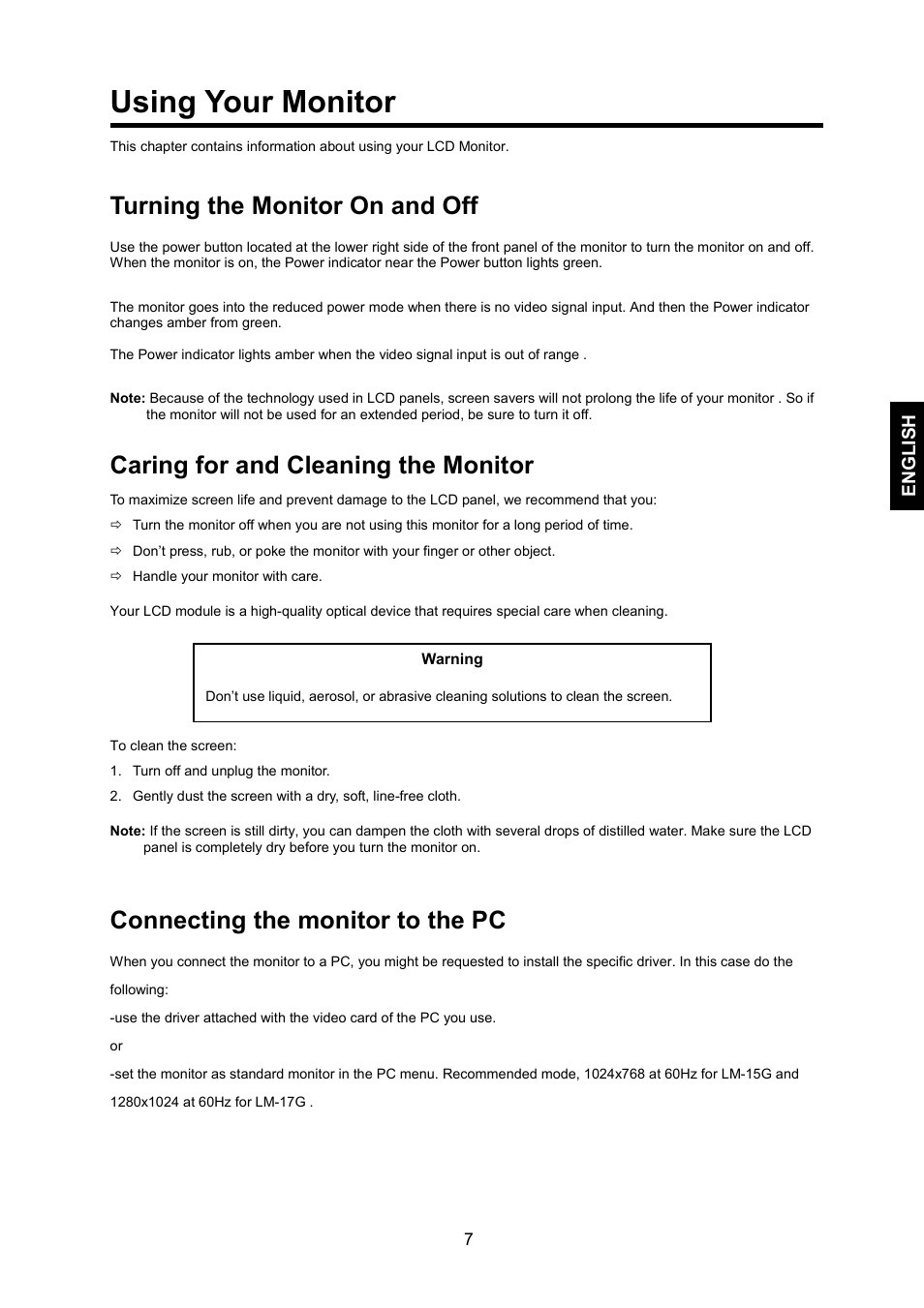 Using your monitor, Turning the monitor on and off, Caring for and cleaning the monitor | Connecting the monitor to the pc | JVC LM-17G User Manual | Page 8 / 22