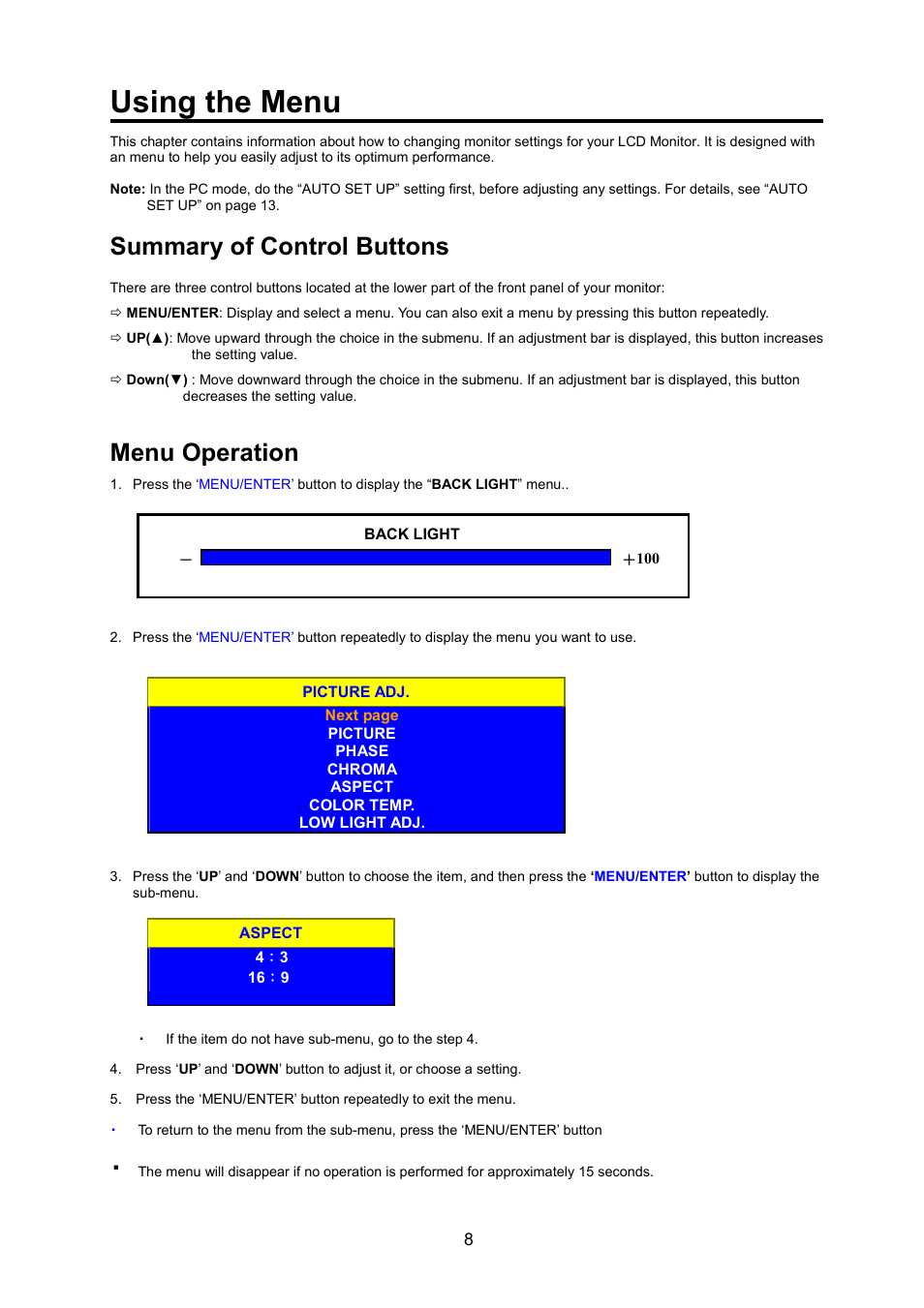 Using the menu, Summary of control buttons, Menu operation | JVC LM-17G User Manual | Page 9 / 22