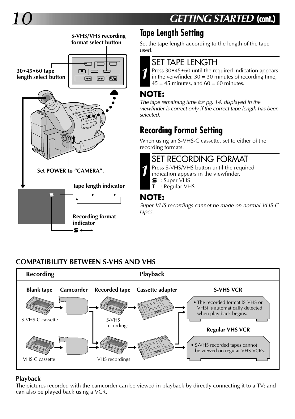 Getting started, Cont.), Tape length setting | Recording format setting, Set tape length, Set recording format | JVC 0597TOV*UN*VP User Manual | Page 10 / 56