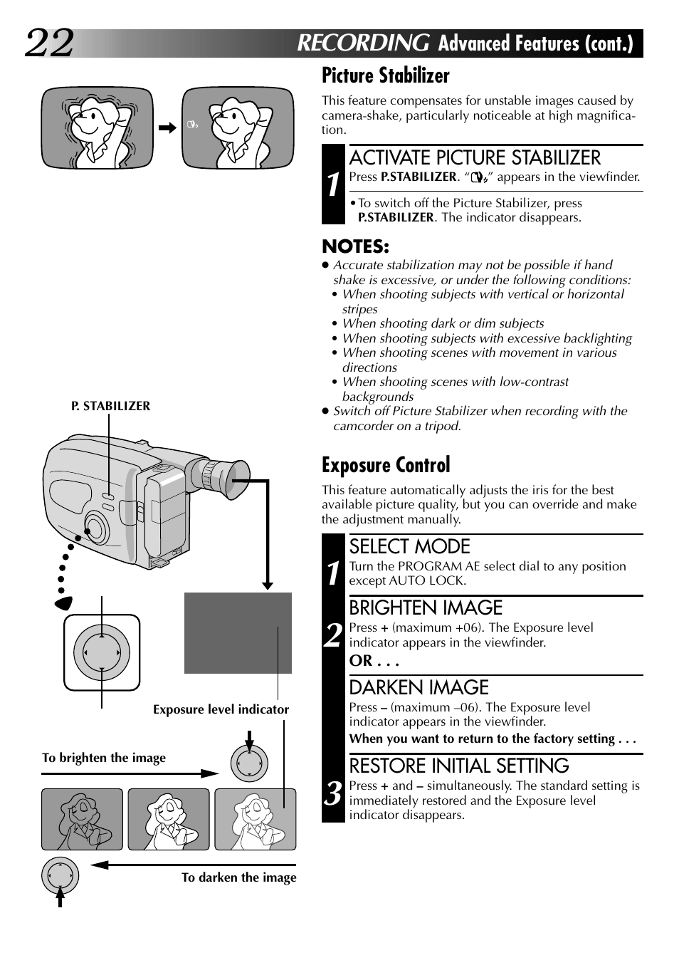 Recording, Advanced features (cont.), Picture stabilizer | Exposure control, Activate picture stabilizer, Select mode, Brighten image, Darken image, Restore initial setting | JVC 0597TOV*UN*VP User Manual | Page 22 / 56