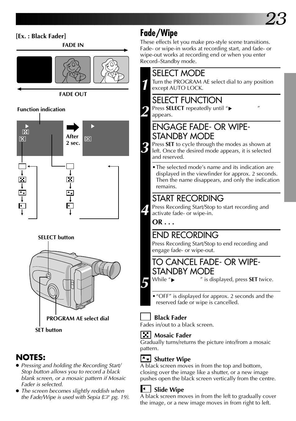 Fade/wipe, Select mode, Select function | Engage fade- or wipe- standby mode, Start recording, End recording | JVC 0597TOV*UN*VP User Manual | Page 23 / 56