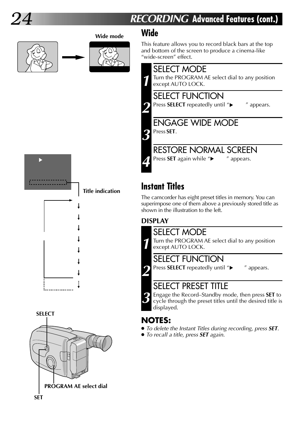 Recording, Advanced features (cont.) wide, Instant titles | JVC 0597TOV*UN*VP User Manual | Page 24 / 56