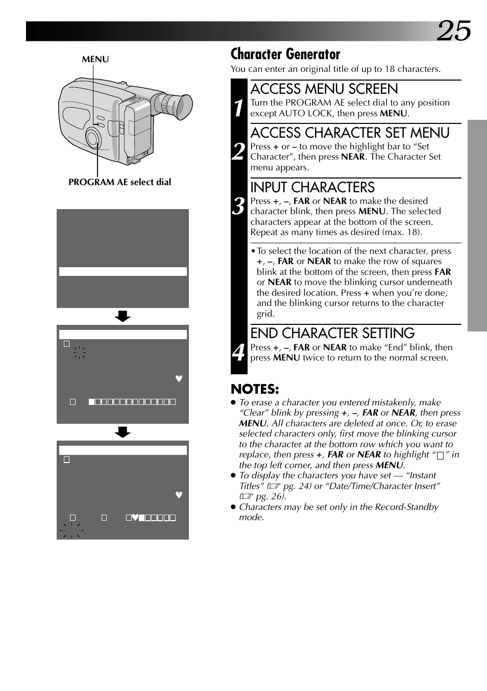 Character generator, Access menu screen, Access character set menu | Input characters, End character setting | JVC 0597TOV*UN*VP User Manual | Page 25 / 56