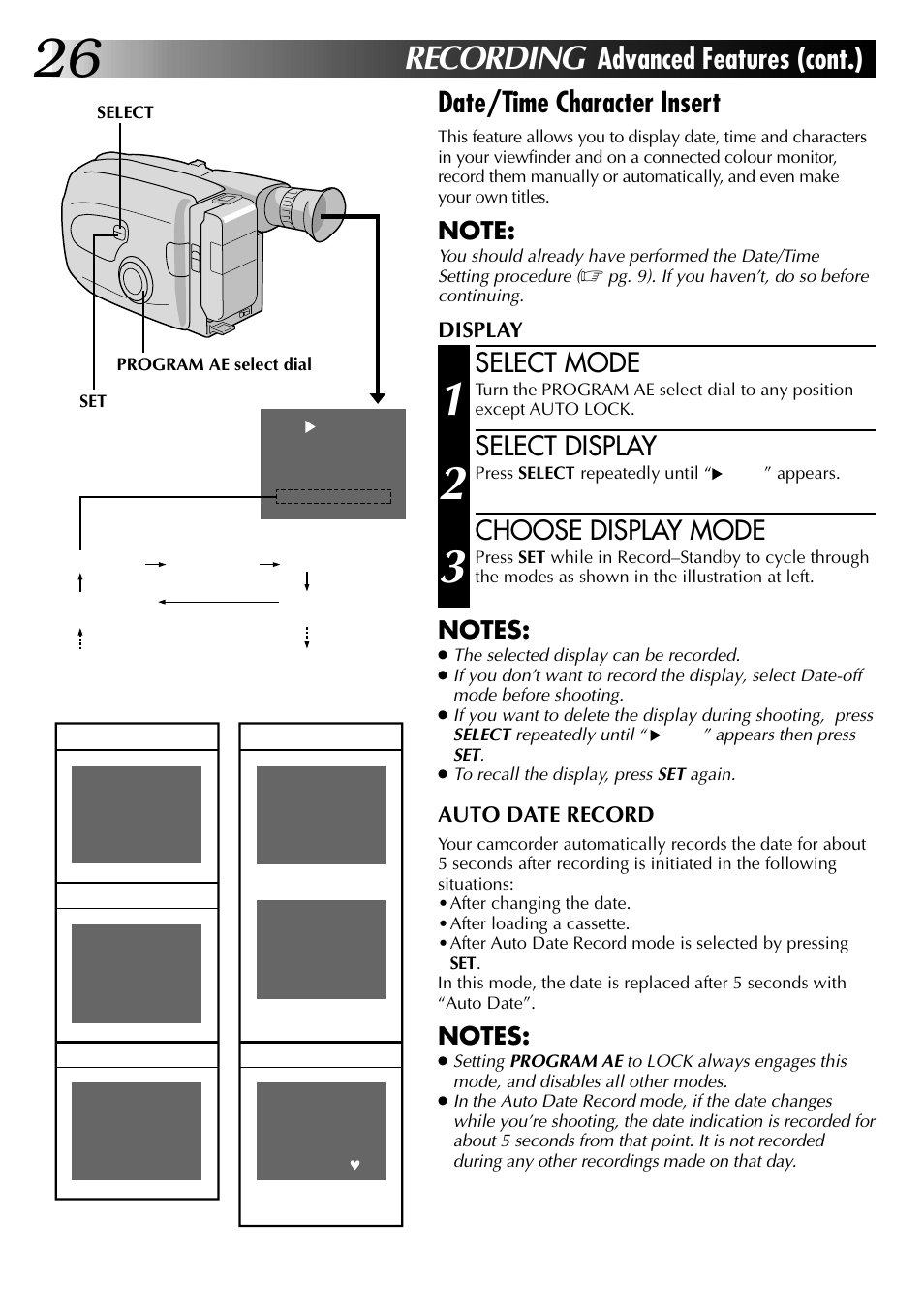Recording, Select mode, Select display | Choose display mode | JVC 0597TOV*UN*VP User Manual | Page 26 / 56