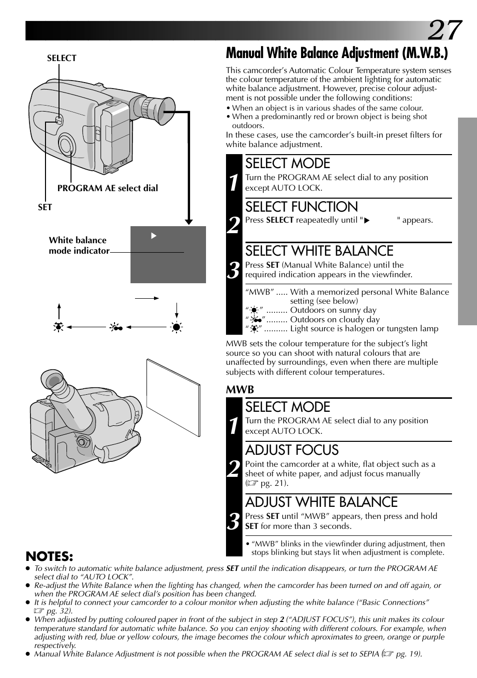 Manual white balance adjustment (m.w.b.), Select mode, Select function | Select white balance, Adjust focus, Adjust white balance | JVC 0597TOV*UN*VP User Manual | Page 27 / 56