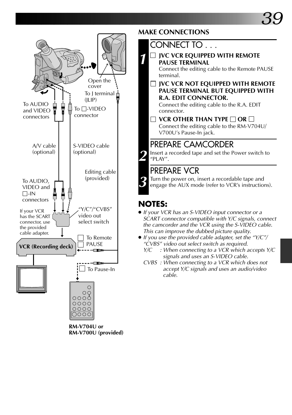 Connect to, Prepare camcorder, Prepare vcr | JVC 0597TOV*UN*VP User Manual | Page 39 / 56