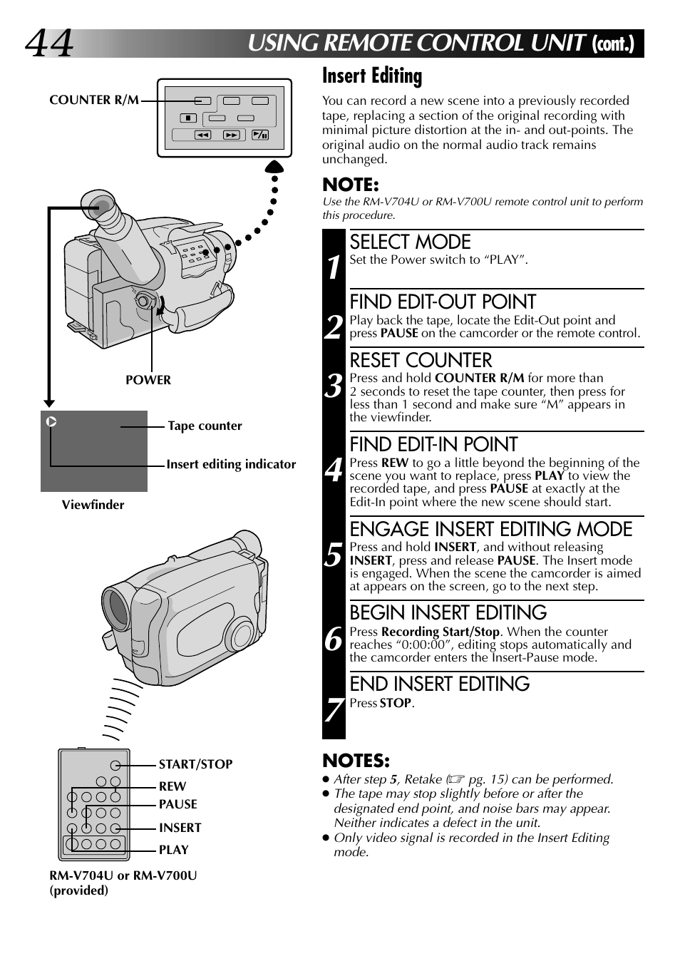 Using remote control unit, Cont.), Insert editing | JVC 0597TOV*UN*VP User Manual | Page 44 / 56
