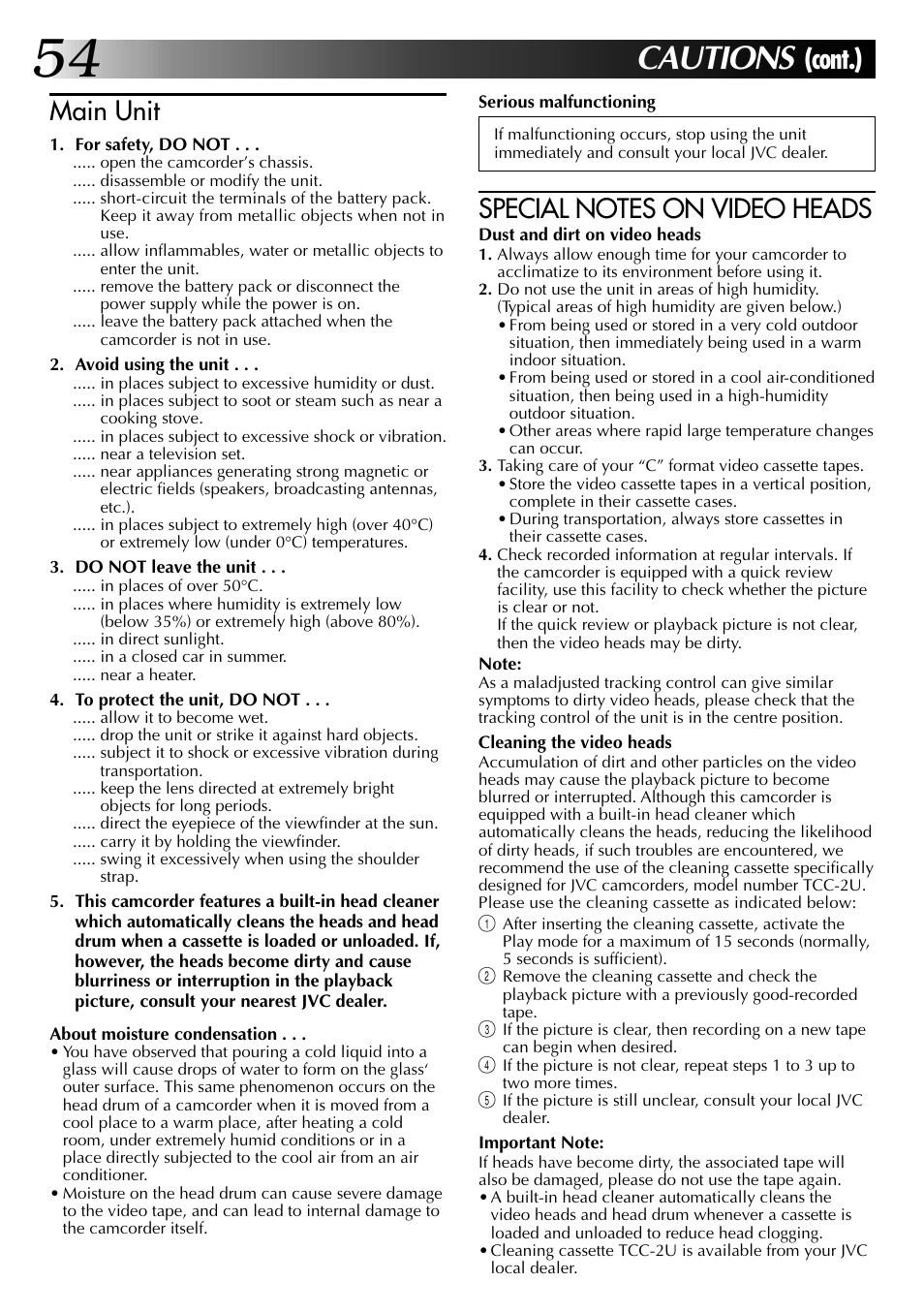 Cautions, Cont.), Main unit | JVC 0597TOV*UN*VP User Manual | Page 54 / 56
