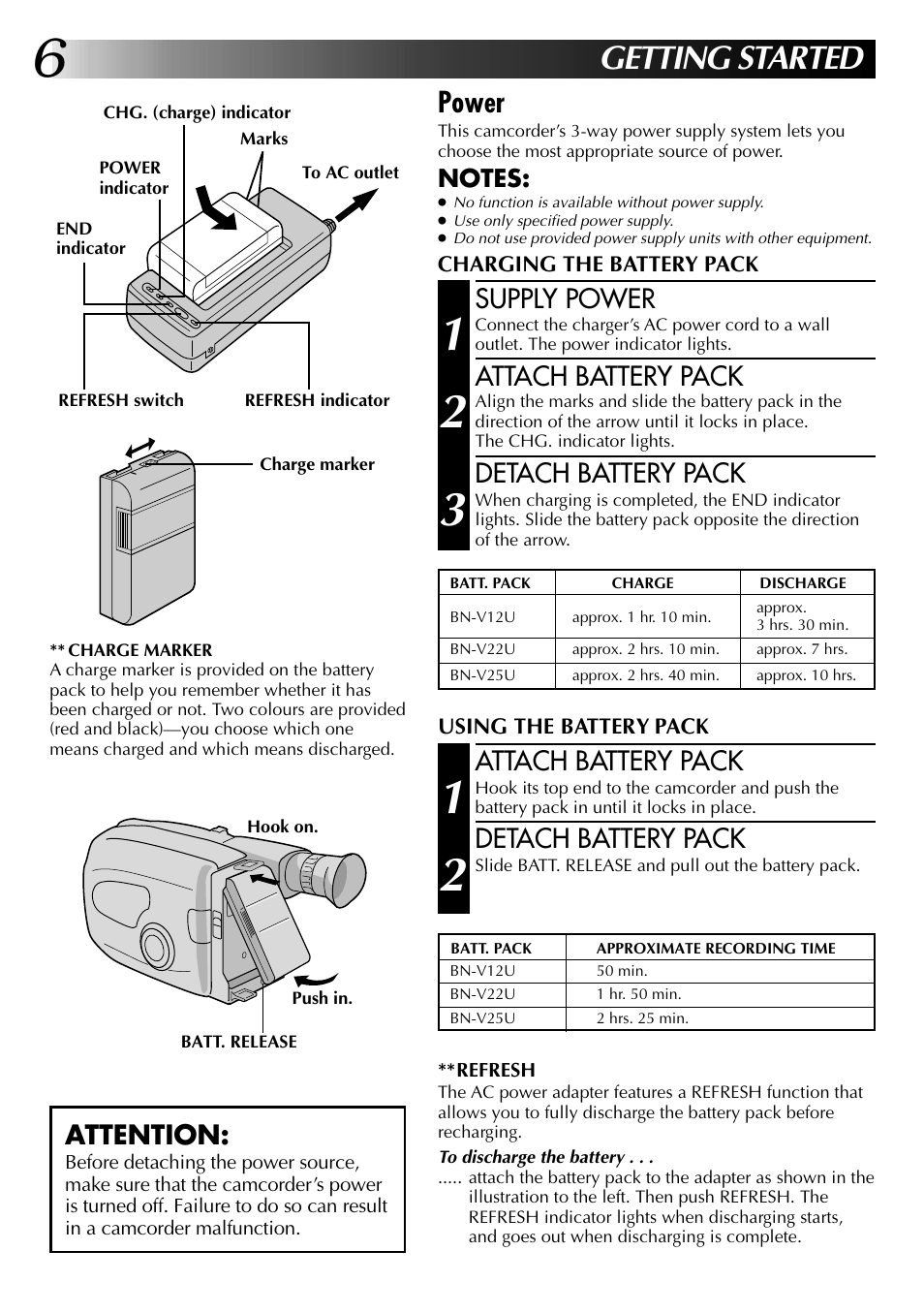 Getting started, Power, Supply power | Attach battery pack, Detach battery pack, Attention | JVC 0597TOV*UN*VP User Manual | Page 6 / 56