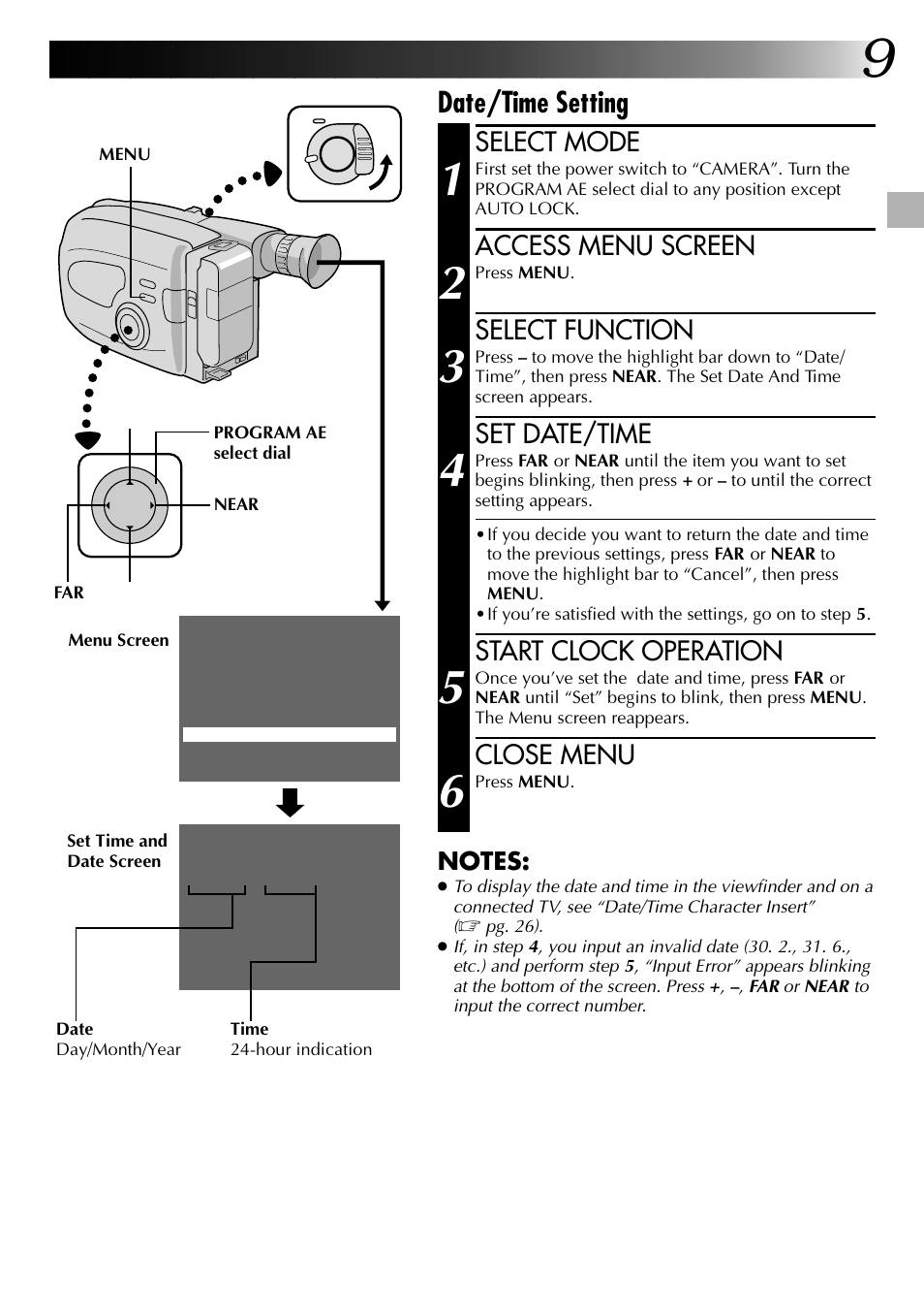 Date/time setting, Select mode, Access menu screen | Select function, Set date/time, Start clock operation, Close menu | JVC 0597TOV*UN*VP User Manual | Page 9 / 56